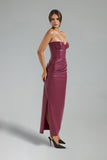 Weiss Strapless Sleeveless High Slit Leather Maxi Dress