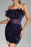 Eudase Feather Strapless Sequin Mini Dress