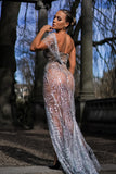 Off Shoulder Sequin Mesh Maxi Dress