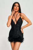 Oga Halter Sequin Feather Mini Dress - Black