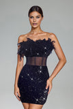 Eudase Feather Strapless Sequin Mini Dress