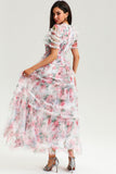 Floral V-Neck Short Sleeve Ruffle Tiered Hem Maxi Dress