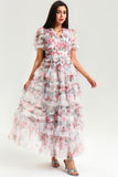 Floral V-Neck Short Sleeve Ruffle Tiered Hem Maxi Dress