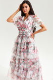 Floral V-Neck Short Sleeve Ruffle Tiered Hem Maxi Dress