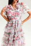 Floral V-Neck Short Sleeve Ruffle Tiered Hem Maxi Dress