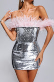 Kolari Off Shoulder Feather Sequin Mini Dress