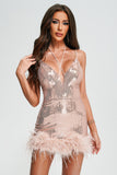 Oga Halter Sequin Feather Mini Dress