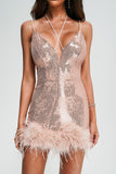 Oga Halter Sequin Feather Mini Dress