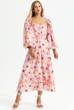 Floral Puff Sleeve Square Collar Backless Maxi Dress