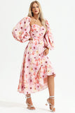 Floral Puff Sleeve Square Collar Backless Maxi Dress