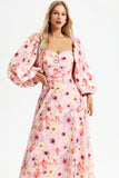 Floral Puff Sleeve Square Collar Backless Maxi Dress