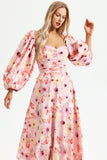 Floral Puff Sleeve Square Collar Backless Maxi Dress