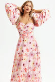 Floral Puff Sleeve Square Collar Backless Maxi Dress