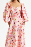 Floral Puff Sleeve Square Collar Backless Maxi Dress