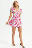 Floral Backless Short Sleeve Dress Pink