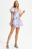 Lantern Sleeve Square Collar Print Mini Dress Blue