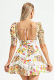 Floral V-neck puff sleeve lace trim tiered ruffle hem mini dress