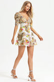 Floral V-neck puff sleeve lace trim tiered ruffle hem mini dress