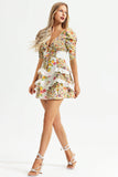 Floral V-neck puff sleeve lace trim tiered ruffle hem mini dress