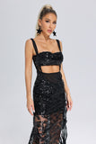 Niavia Ruffle Sequin Mesh Midi Dress