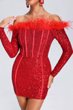 Wooh Feather Sequin Mini Dress - Red