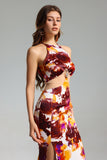 Johe Flower Print Mesh Halter Slit Dress