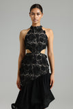 Shardae Lace Flower Cut Out Asymmetrical Dress