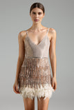 Keely Sequins Fringe Feather Mini Dress - Golden