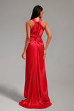 Vanya Woven Halter Cut Out Satin Maxi Dress - Red