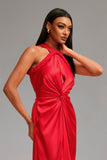 Vanya Woven Halter Cut Out Satin Maxi Dress - Red