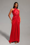 Vanya Woven Halter Cut Out Satin Maxi Dress - Red