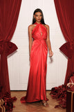 Vanya Woven Halter Cut Out Satin Maxi Dress - Red