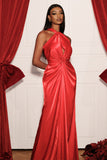 Vanya Woven Halter Cut Out Satin Maxi Dress - Red