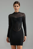 Stretchy High Neck Long Sleeves Netting Bandage Mini Dress