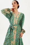 Floral Puff Long Sleeve V-Neck Drapped Maxi Dress