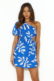 Brunch Convo One Shoulder Mini Dress Blue