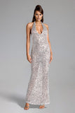 Rita Halter Deep-V Sleeveless Sequin Maxi Dress