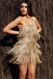 One Shoulder Metallic Fringe Mini Dress - Gold