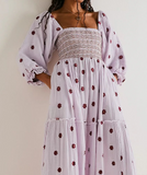 Floral Puff Sleeves Square Collar Midi Dress