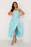 Wedded Romance Strapless Bubble Midi Dress Blue