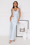 All The Invites Halter Satin Maxi Dress Blue