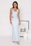 All The Invites Halter Satin Maxi Dress Blue