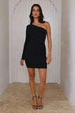 Share Stories One Shoulder Ribbed Mini Dress Black