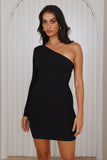 Share Stories One Shoulder Ribbed Mini Dress Black