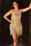 One Shoulder Metallic Fringe Mini Dress - Gold - Bellabarnett