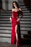 Velvet Off Shoulder Rhinestone Evening Gown - Red