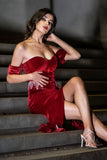 Velvet Off Shoulder Rhinestone Evening Gown - Red