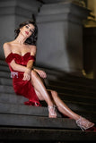 Velvet Off Shoulder Rhinestone Evening Gown - Red