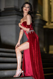 Velvet Off Shoulder Rhinestone Evening Gown - Red