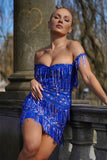 Off-shoulder Sequin Diamond Mini Dress - Blue